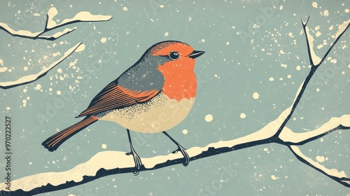 Charming illustration of a cute redbreast perched on a branch in a serene winter setting