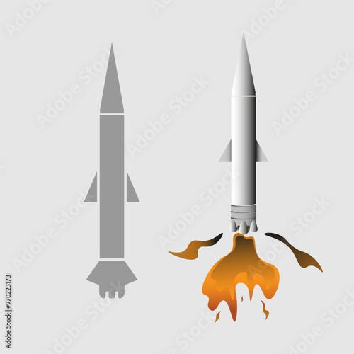 Two gray combat missiles in flat style, standby mode and launch mode