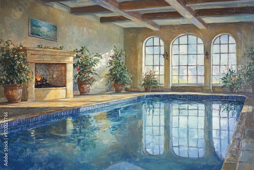 Wallpaper Mural Oil painting depicting a swimming pool scene showcasing the tranquil atmosphere and elegance of a hotel setting Torontodigital.ca