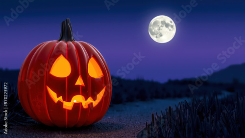 Halloween pumpkin glowing under the moonlight at night photo