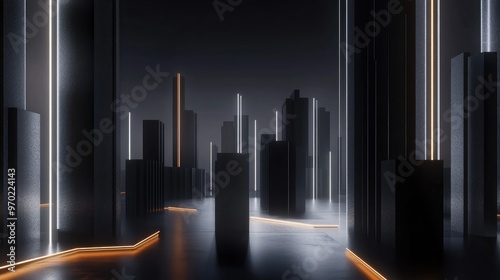 Line art illustration of an abstract background featuring sleek high rise structures crafted from dark concrete illuminated in a nighttime scene 3D rendering and depiction