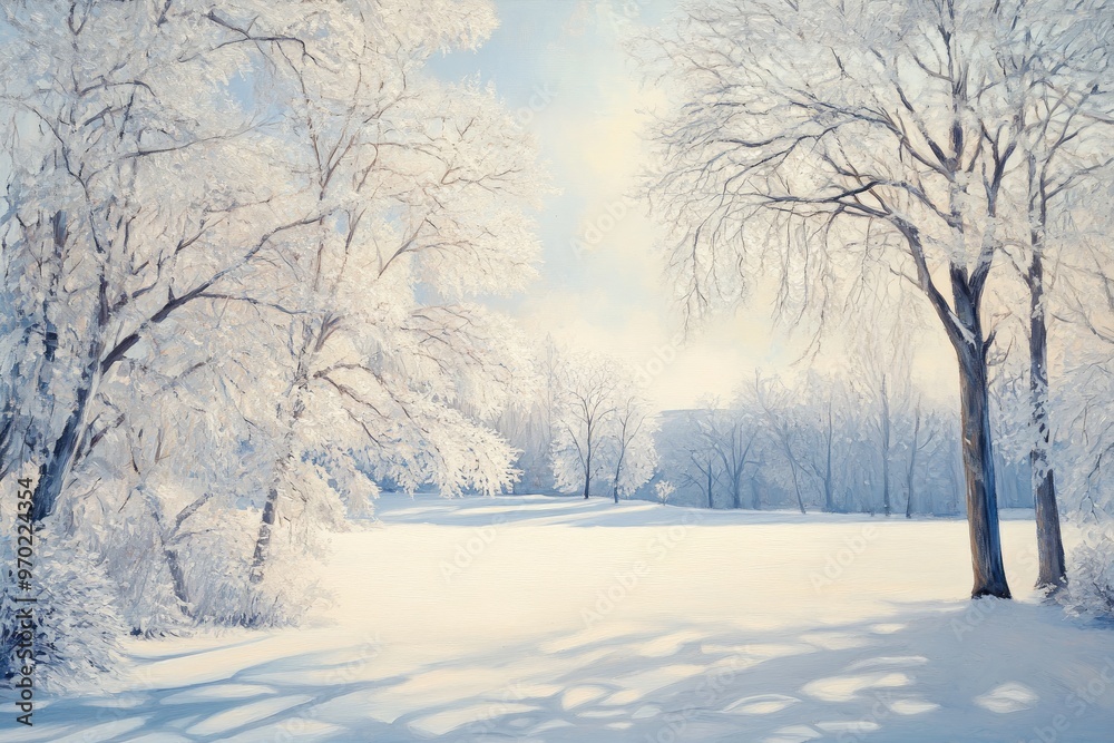 Obraz premium Oil painting of icy white branches and trees in a serene winter park showcasing frost and sunlight in a chilly landscape