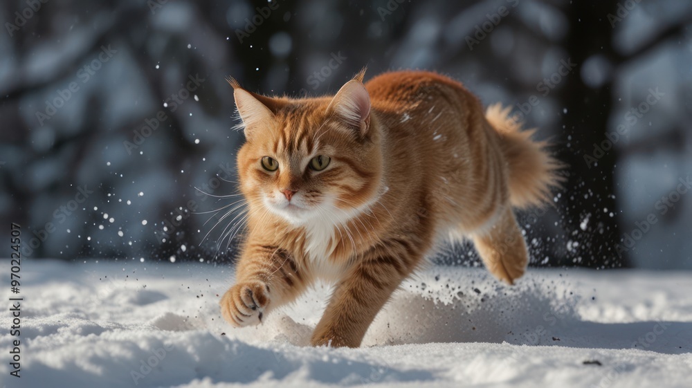 Orange Tabby Cat Running in the Snow Orange Tabby Cat Running in the Snow