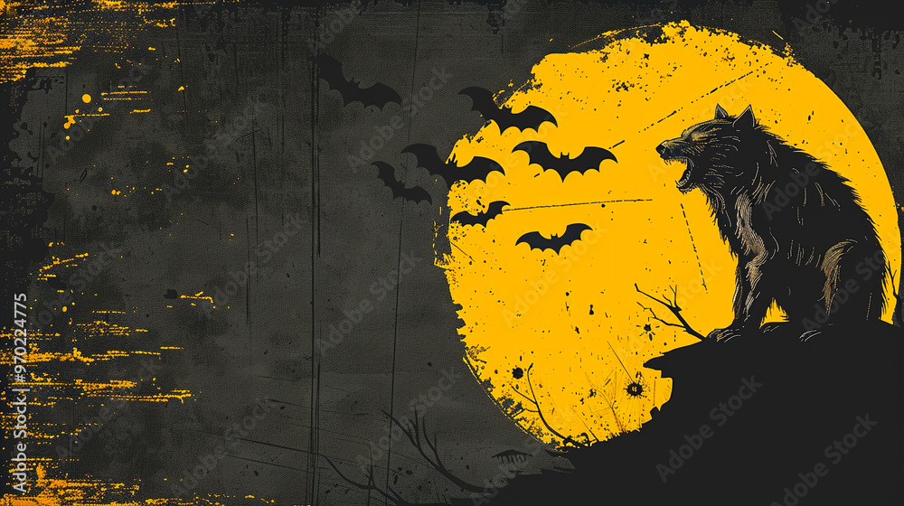 Illustration of a werewolf waking up against a Halloween themed yellow moon. Illustration of a werewolf waking up against a Halloween themed yellow moon.