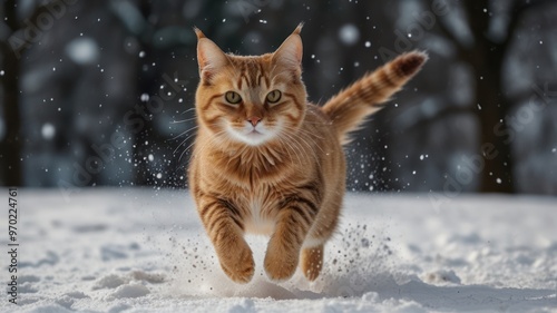Ginger Cat Running in the Snow