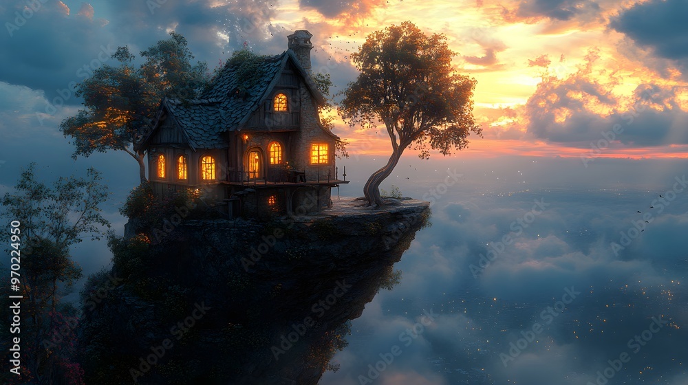 Obraz premium A home precariously balanced on the edge of a cliff, trees tilted dangerously towards it, surreal landscape, dramatic lighting, fantasy realism, vibrant colors