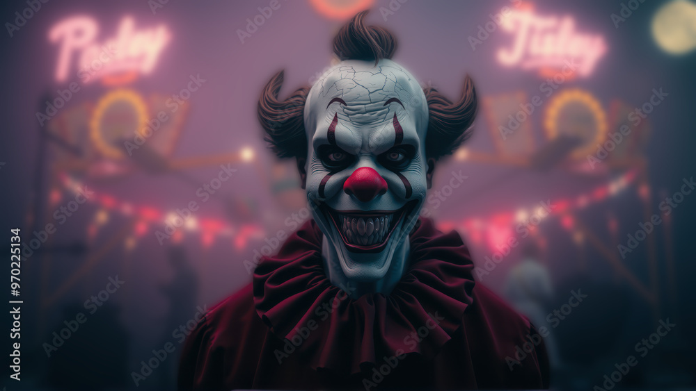 Halloween clown with an evil grin in carnival setting Halloween clown with an evil grin in carnival setting