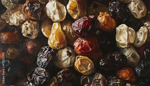 Oil painting showcasing a variety of unlabelled dates stacked together highlighting their unique shapes and colors photo