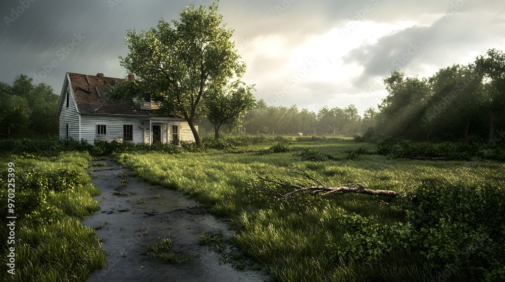 A once-beautiful yard overtaken by nature, fallen trees and scattered debris from a collapsed home, captured in a moody, overcast light, Digital Painting, Realistic, Detailed A once-beautiful yard overtaken by nature, fallen trees and scattered debris from a collapsed home, captured in a moody, overcast light, Digital Painting, Realistic, Detailed