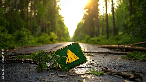 A once-vibrant forest reduced to a wasteland, trees fallen across a blocked road, remnants of life scattered among the ruins, the eerie silence of destruction photo