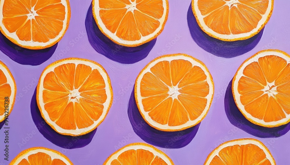 Vibrant oil painting showcasing a pattern of orange slices on a purple backdrop captured from a top view perspective