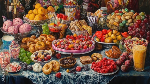 Colorful oil painting showcasing a table laden with a variety of tempting snacks and treats