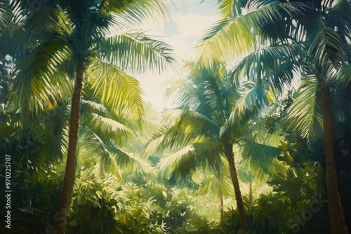 Oil painting of palm trees in a tropical setting showcasing lush greenery and serene coastal vibes emphasizing the beauty of palm foliage and tranquil atmosphere