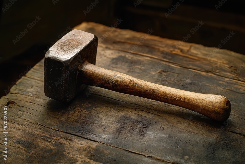 A Worn Wooden Hammer Resting on a Rough Wooden Plank A Worn Wooden Hammer Resting on a Rough Wooden Plank