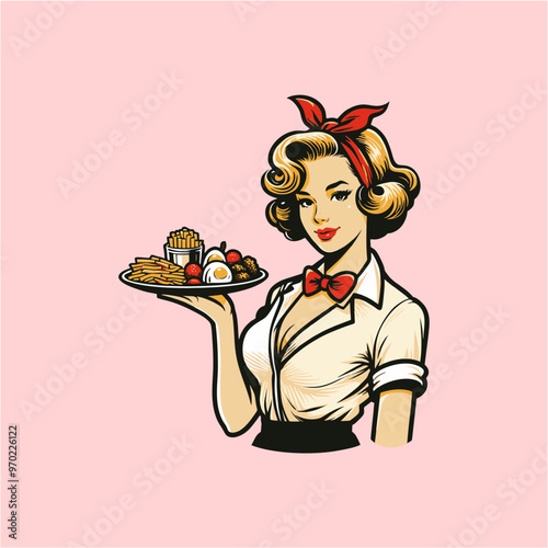 pinup girl waitress beauty brink food in tray