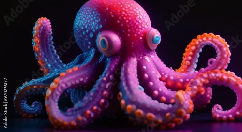 an octopus with a neon theme on a black background photo