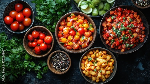 Colorful bowls of fresh vegetables and herbs for meal preparation.