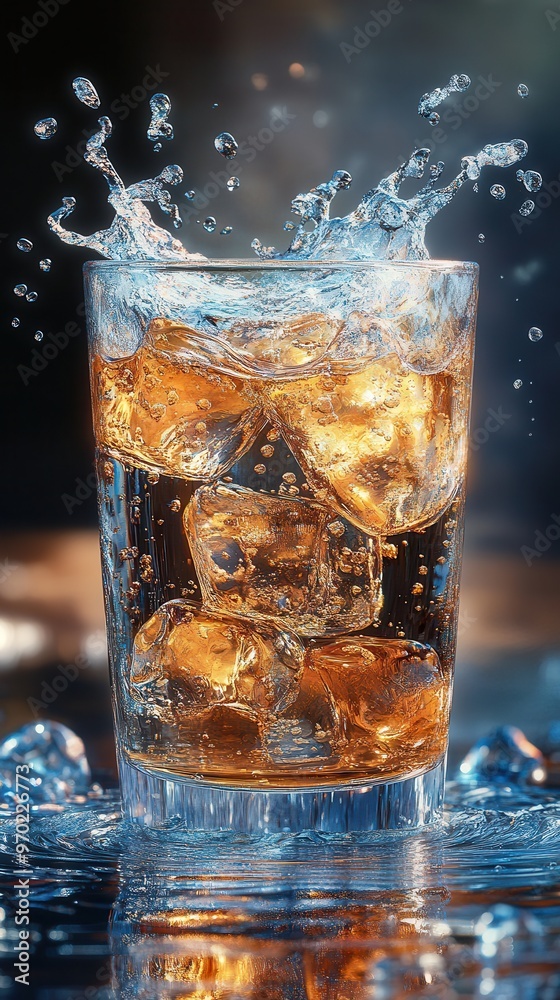 A refreshing glass of beverage with ice, featuring splashes of water, ideal for summer or cocktail promotions. A refreshing glass of beverage with ice, featuring splashes of water, ideal for summer or cocktail promotions.