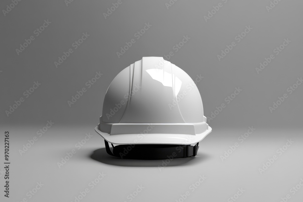 White Hard Hat with Black Strap on Grey Background White Hard Hat with Black Strap on Grey Background