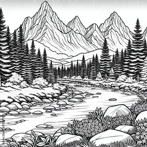 serene mountain range with a clear river running through a lush forest coloring page 