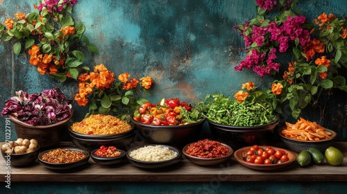 Colorful display of fresh vegetables and grains for cooking.