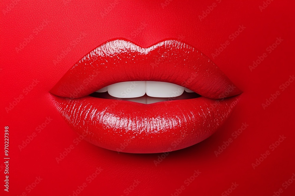 Vibrant close-up of red glossy lips against a bold red background. Ideal for beauty product promotions, cosmetics ads, or fashion banners with room for text and striking visual appeal. Vibrant close-up of red glossy lips against a bold red background. Ideal for beauty product promotions, cosmetics ads, or fashion banners with room for text and striking visual appeal.