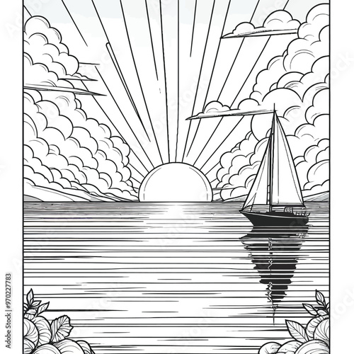 serene sunset over a calm ocean with a silhouette of a sailboat on the horizon coloring page 
