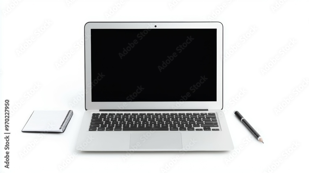 Fototapeta premium A laptop is open on a table with a pencil and a notebook