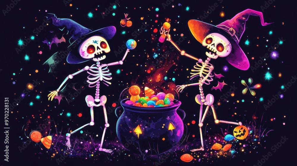 Fototapeta premium A joyful skeleton dances with a witch beside a glowing cauldron filled with vibrant potions and candy, creating a festive Halloween atmosphere