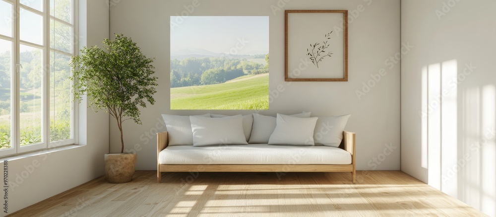 Fototapeta premium Minimalist living room design featuring a sofa on wooden flooring wall decor and a bright white landscape visible through the window Modern Nordic interior illustration 3D rendering
