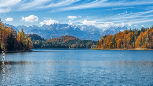 beautiful landscape of a large lake with a mountain in the background with trees in autumn