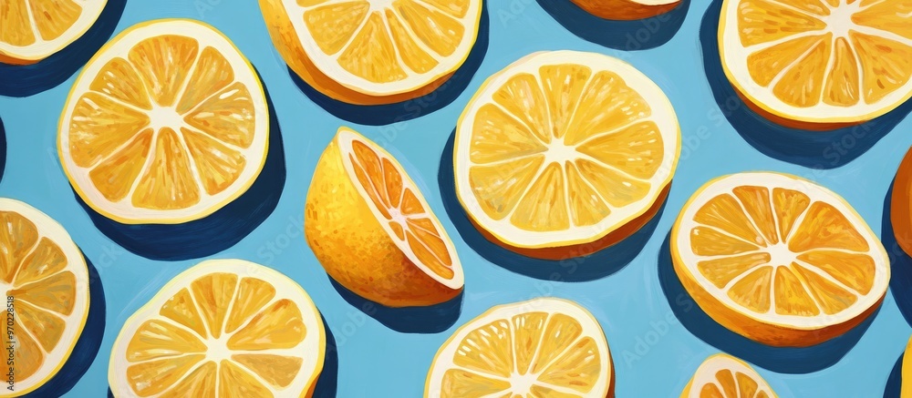 Bright yellow lemon slices set against a contrasting blue backdrop Bright yellow lemon slices set against a contrasting blue backdrop