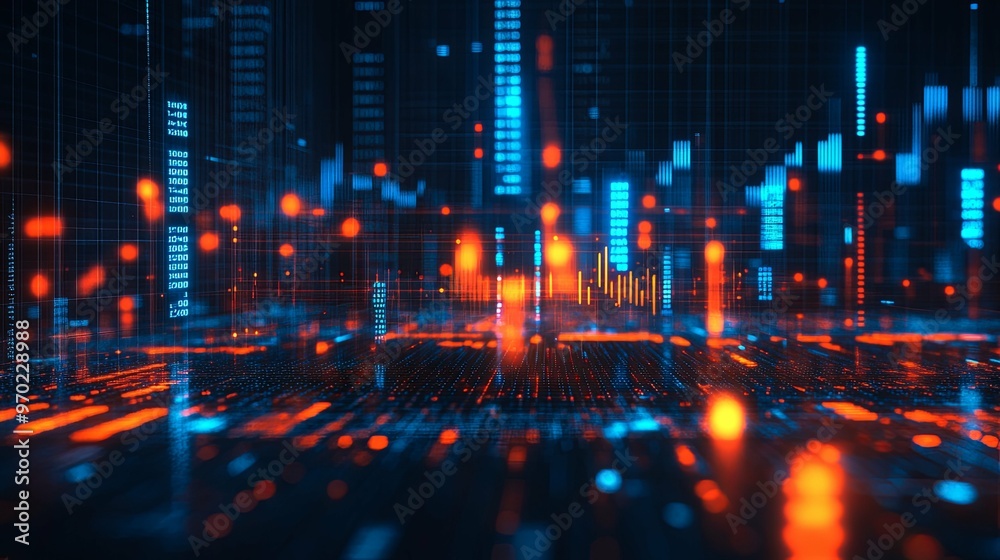 Abstract digital cityscape with glowing lights and data streams Abstract digital cityscape with glowing lights and data streams