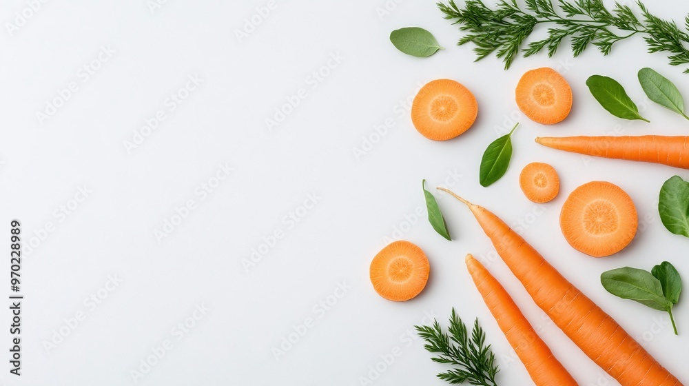 Fresh carrots sliced and arranged with green leaves on a white background. Perfect for food-related designs, cooking promotions, or health blogs with minimalist style and ample copy space for text. Fresh carrots sliced and arranged with green leaves on a white background. Perfect for food-related designs, cooking promotions, or health blogs with minimalist style and ample copy space for text.