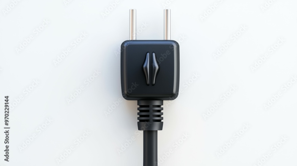 A black plug with a silver prong is on a white background A black plug with a silver prong is on a white background