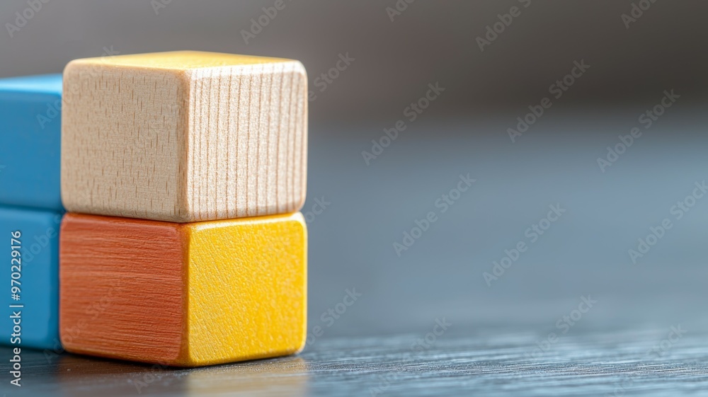 A stack of wooden blocks with one of them being yellow A stack of wooden blocks with one of them being yellow