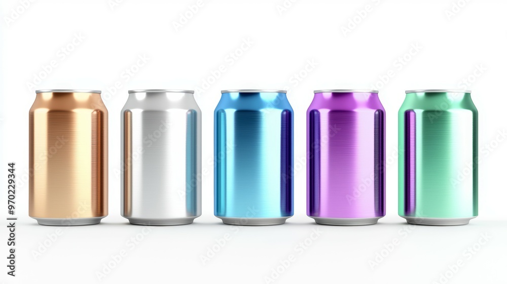 A row of five metallic colored cans A row of five metallic colored cans