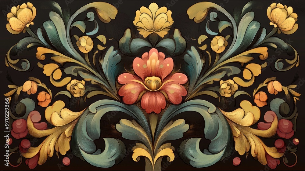 Detailed 2D cartoon illustration featuring an ornate icon design with classic vintage and traditional floral elements