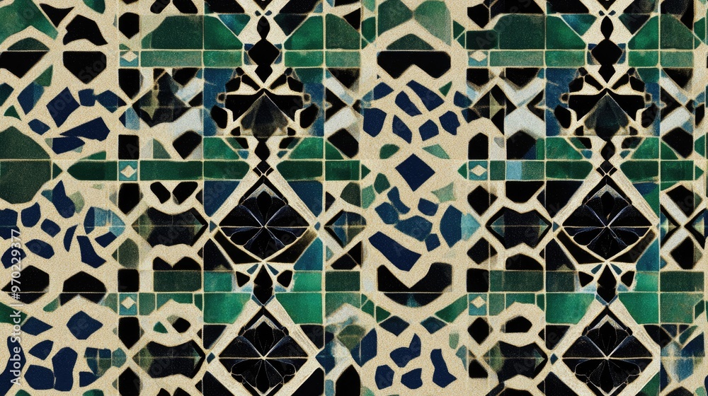Fototapeta premium Seamless geometric raster pattern featuring shades of green black and blue in an oriental design