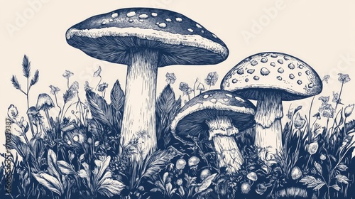 Original illustration of mushrooms and toadstools created in a vintage engraved woodcut etching style photo