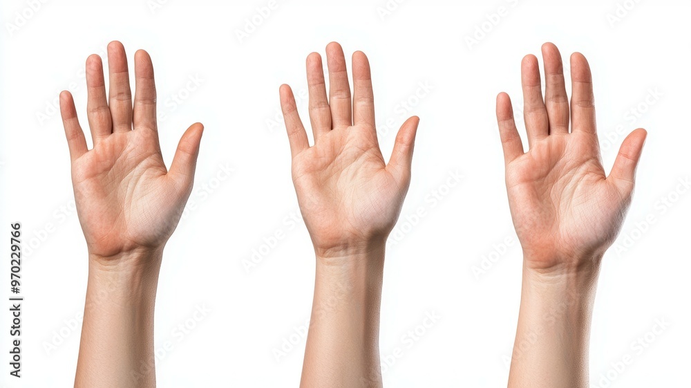 Three hands are raised in the air, one on top of the other Three hands are raised in the air, one on top of the other