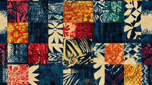 Hawaiian inspired tapa tribal fabric with abstract vintage patchwork pattern