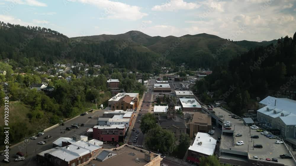 Aerial of downtown historic Deadwood South Dakota in summer in Black Hills Aerial of downtown historic Deadwood South Dakota in summer in Black Hills