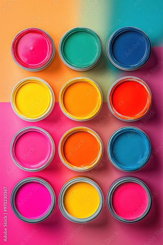 An Abstract Top-Down Shot Of Various Open Paint Cans, Each Filled With A Different Vivid Color An Abstract Top-Down Shot Of Various Open Paint Cans, Each Filled With A Different Vivid Color