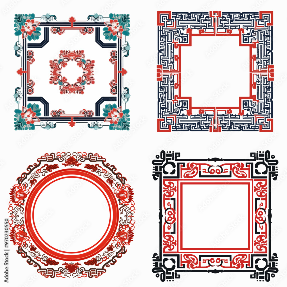 Four different framed designs with a red border chinese style