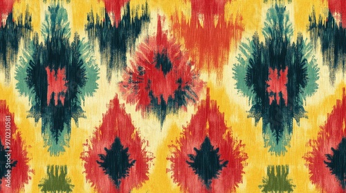 Tribal Boho Pattern with Tie Dye Elements Seamless Ikat Motif in Yellow Red and Green Abstract Ethnic Texture photo