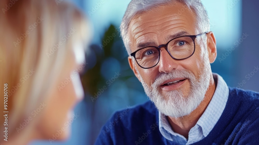 A man wearing glasses is talking to a woman A man wearing glasses is talking to a woman