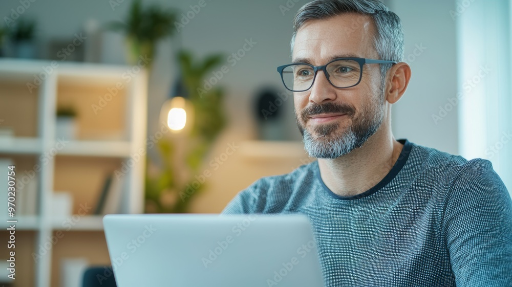 A man wearing glasses is sitting at a desk with a laptop in front of him A man wearing glasses is sitting at a desk with a laptop in front of him
