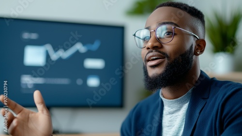 A man wearing glasses is talking to a computer monitor