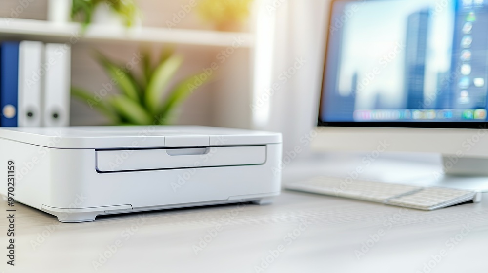A white printer sits on a desk next to a computer monitor A white printer sits on a desk next to a computer monitor